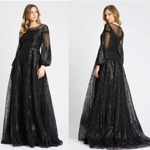 Mac Duggal Jewel Encrusted Illusion Long Sleeve A Line Gown Black Sz 10 NWT